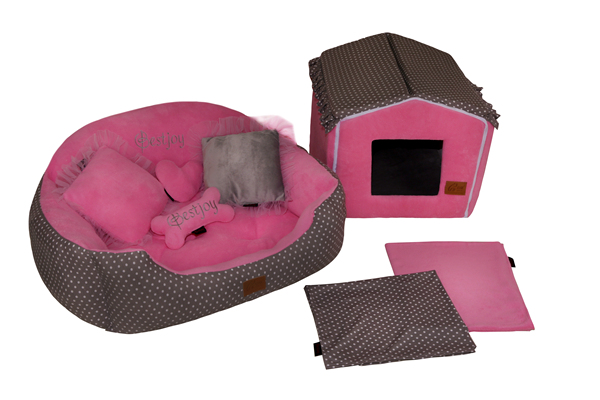 Wholesale Gray Cotton Polka Dots Baby Pink Coral Fleece Pet Bed Princess Dog House Cushion Sofa Luxury Designer Cat Furniture Puppy Rabbit Bed With Quilted Reversible Cushion Pillow Mat