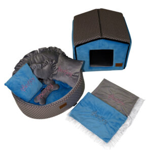 Manufacturer Gray Cotton Polka Dots Sky Blue Velvet Pet Bed House with Reversible Orthopedic Cushion Luxury Prince Pet Bed Designer Cat Furniture Puppy Rabbit Mattress Bed House Hot Selling