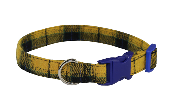China Factory Adjustable Yellow Plaid Tartan Dog Collar with Welded D Ring High Quality Buckle Dog Collar Custom Cotton Puppy Collar Designer Dog Collar OEM Pet Accessories Dog Birthday Gift
